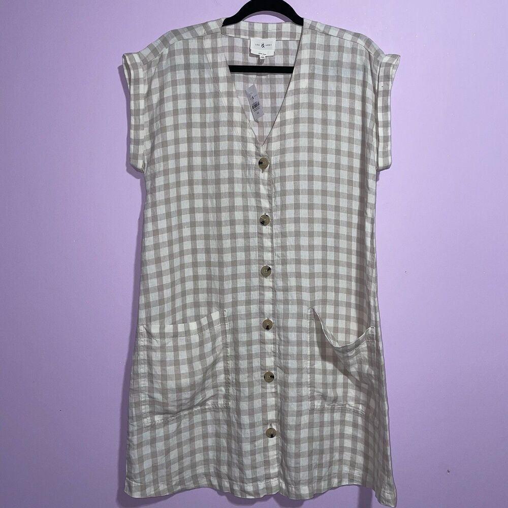 NEW Lou & Grey Linen Dress Women XS Tan Gingham Button Beach Vacation Preppy